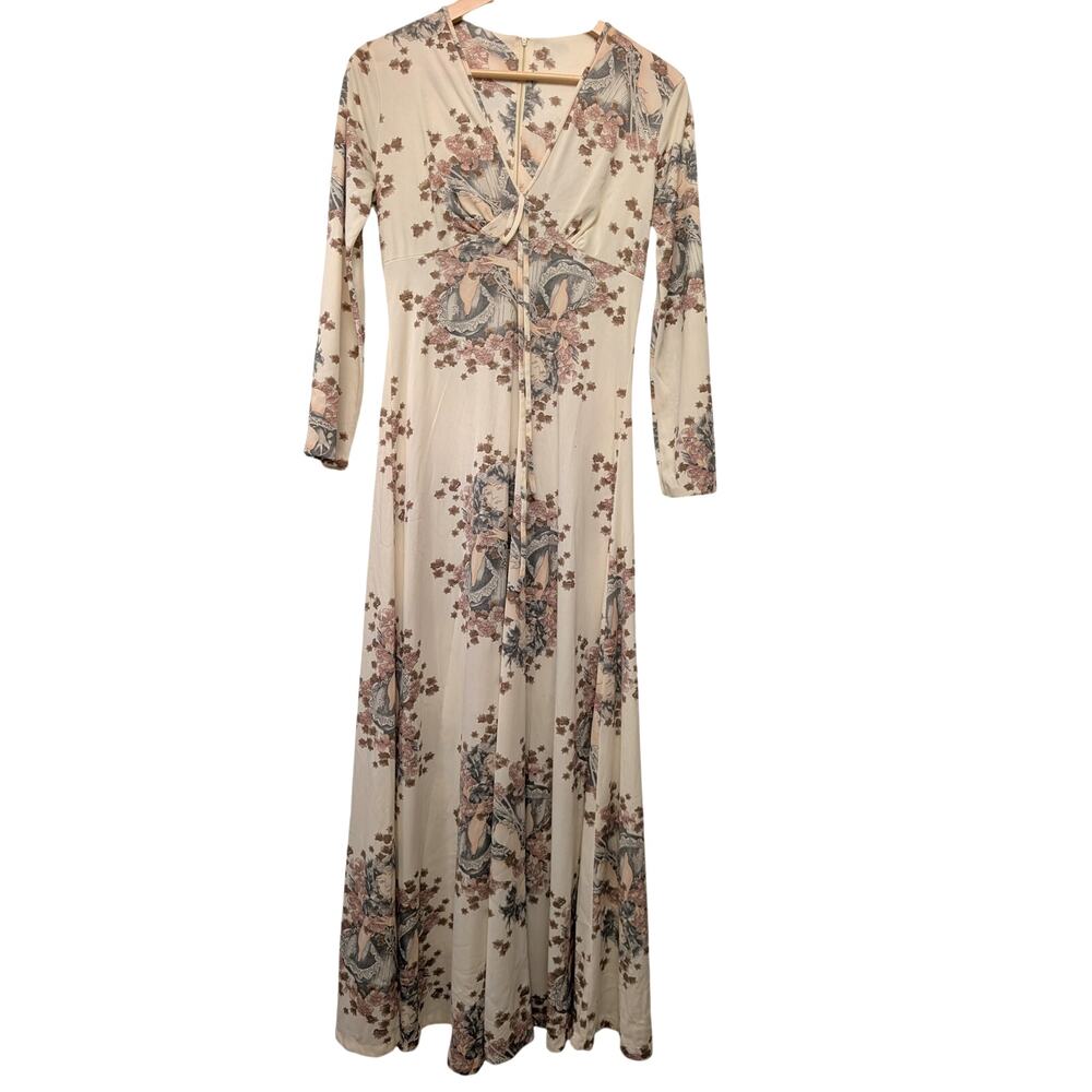 Vintage Fairy Printed‎ Maxi Dress 3/4 Sleeve V Neck Cottagecore Prairie Whimsy